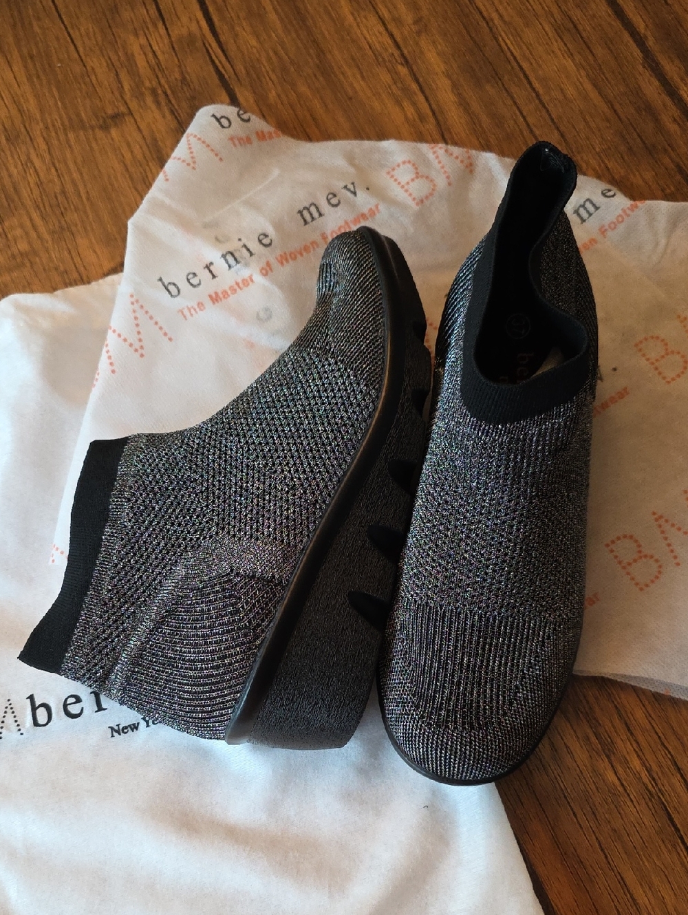 bernie mev. Knit Slip-On Wedge Booties in Metallic Silver & Black